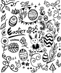 Line illustration of the Easter festival,doodle, bunnies, baskets, easter eggs,chicken,leaves, flowers,2d illustration