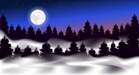 Obraz na płótnie Canvas Vector illustration. Foggy forest. Starry sky. Moon.