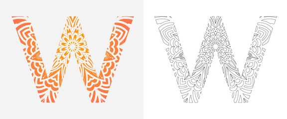 Alphabet Letter W Pop Art, Mandala coloring ornaments design