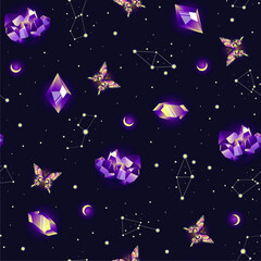 Violet magical pattern with butterflies and crystals. Bohemian fabric design. Contemporary composition.