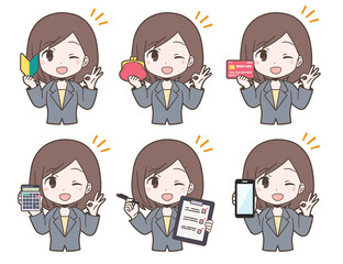 ビジネススーツ姿の若い女性の表情セット