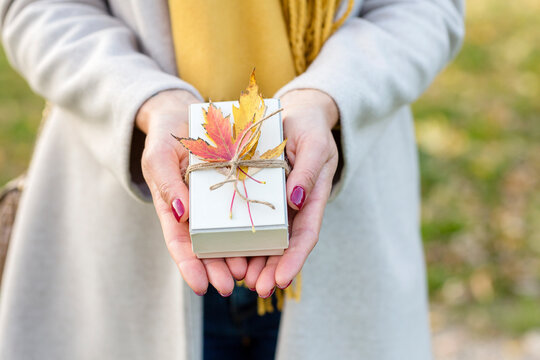 Woman's hands holding small gift box with autumn leaf in park