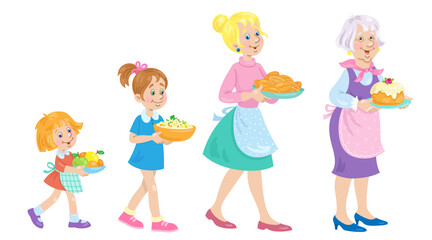 Grandmother, mother, daughter and granddaughter carry plates of food. In cartoon style. Isolated on white background. Vector illustration.