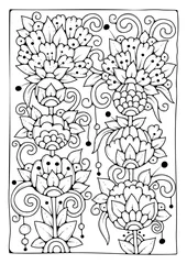 Foto auf Acrylglas Magic garden coloring page. Black and white background for coloring. Art therapy for children and adults. Art line vector illustration. © E.Nolan