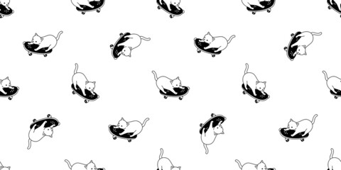 cat seamless pattern skateboard kitten vector calico skating surf skate extreme sport breed neko cartoon character pet tile background repeat wallpaper scarf isolated illustration doodle design
