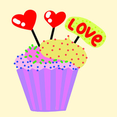 Vector cupcakes with love. Delicious different creams and hearts. Beige background.