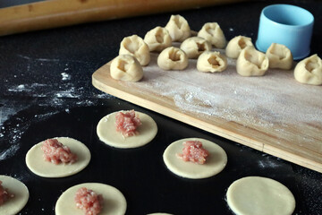 Cooking Russian dumplings from dough and meat. Handmade.