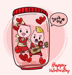 Valentine piglet cute cartoon, hand drawn illustration Pig for Valentine day ,Pink Pig Lover vector for Valentine day ,Pig Character design for Valentine card.