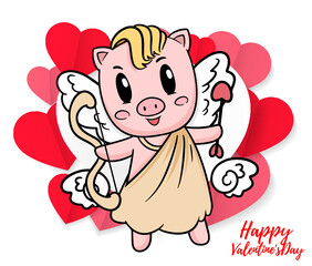 Valentine piglet cute cartoon, hand drawn illustration Pig for Valentine day ,Pink Pig Lover vector for Valentine day ,Pig Character design for Valentine card.