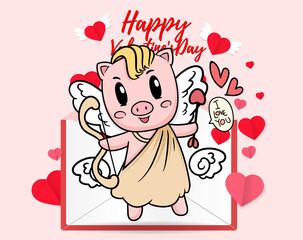 Valentine piglet cute cartoon, hand drawn illustration Pig for Valentine day ,Pink Pig Lover vector for Valentine day ,Pig Character design for Valentine card.