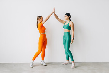 Fit young woman giving high five to friend after workout in class