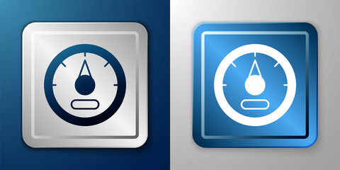 White Motor gas gauge icon isolated on blue and grey background. Empty fuel meter. Full tank indication. Silver and blue square button. Vector