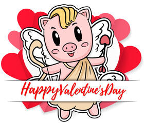 Valentine piglet cute cartoon, hand drawn illustration Pig for Valentine day ,Pink Pig Lover vector for Valentine day ,Pig Character design for Valentine card.