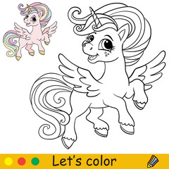 Coloring with template cute flying unicorn vector illustration