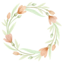 Watercolor frame with pink crocuses and leaves isolated on white background.