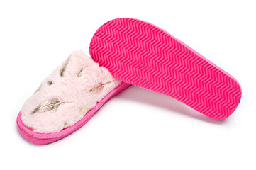 Women's room slippers with faux fur and pink soles.