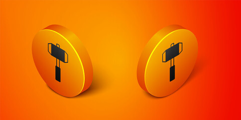 Isometric Sledgehammer icon isolated on orange background. Orange circle button. Vector