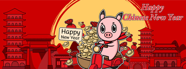 Piglet cute cartoon, hand drawn illustration Pig for Chinese new year day ,Pink Pig Lover vector Character design for Chinese new year card.