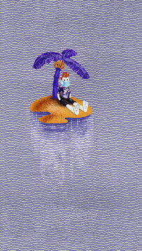A lonely islander under a palm tree in a protective mask, shipwrecked on the island, cartoon, quarantine isolation concept