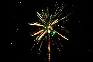 Green and yellow fireworks exploding against clear night sky