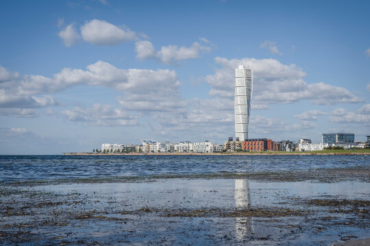 Sweden, Skane County, Malmo, Shore of Sound strait with Turning Torso skyscraper in background