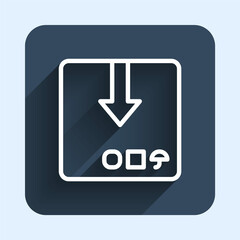 White line Carton cardboard box icon isolated with long shadow background. Box, package, parcel sign. Delivery and packaging. Blue square button. Vector
