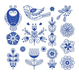Scandinavian folk design. Nordic blue ornament elements, swedish folklore art. Rustic finnish decor, floral danish style embroidery nowaday vector template - obrazy, fototapety, plakaty