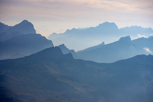 Dolomites mountain range seen from Piz Boe at sunrise, Trentino-alto Adige, Italy