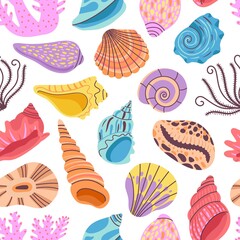 Seashell seamless pattern. Clams background, seashells print. Sea and ocean shells, summer wallpaper with coral. Marine decent vector design