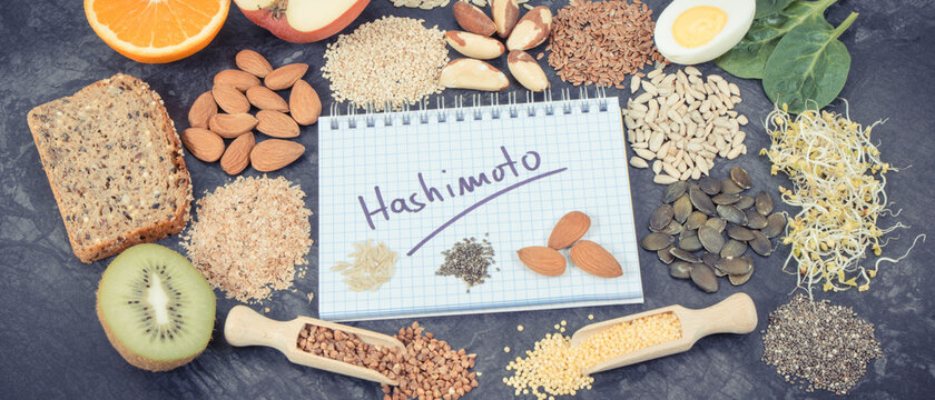 Nutritious ingredients and inscription hashimoto. Healthy food containing vitamins. Problems with thyroid concept