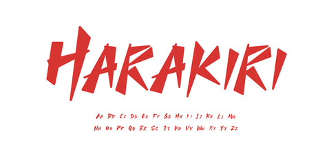 Japanese style font alphabet red brush letters. Modern asia logo and asian headline. Handwritten typography design. Paintbrush samurai tshirt, lettering, and printing type. Isolated vector typeset
