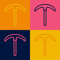 Pop art line Pickaxe icon isolated on color background. Vector
