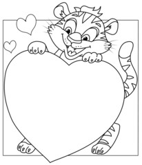 A cute tiger cub is holding a big heart.