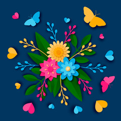 Obraz na płótnie Canvas Bouquet with cut-out paper style with butterflies and hearts on a blue background. Vector illustration.