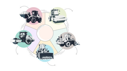 Illustration of construction equipment in the form of infographics. Powerful vibratory roller and loader. Road construction equipment. Image of industrial transport for advertising and design.