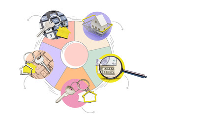 Buying and selling housing. Mortgage loan to buy a house. Property rental. Illustration in the form of infographics on the theme of mortgages for advertising and design. Copy space.