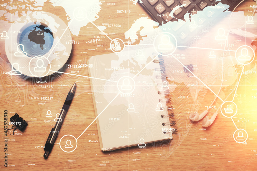 Poster double exposure of social network theme drawing and work table top veiw. concept of international co