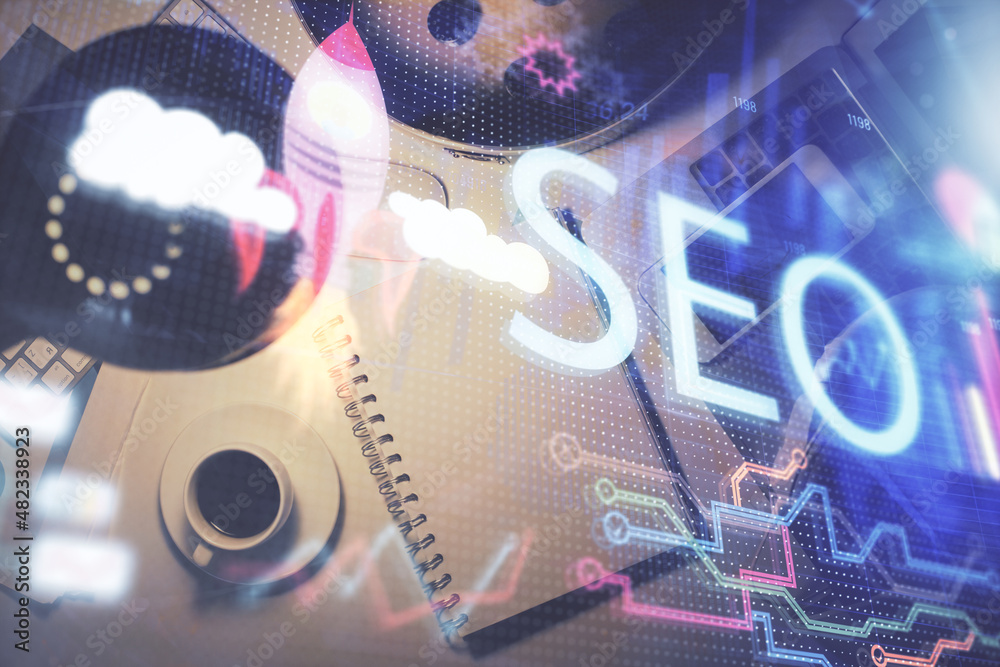 Aufkleber double exposure of seo drawing and table top veiw. concept of search optimization.