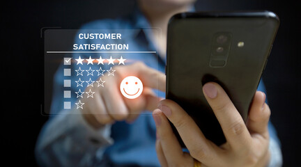 Satisfied customer experience concept, happy business customer with happy face on smartphone screen, good review, great service, likes, likes, very good quality, high scores, good social media.