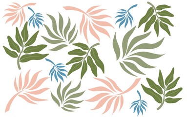 Fototapeta na wymiar Cute pattern with tropical leaves. Illustration isolated on white background. Print for poster, wallpaper, wrapping paper, textile 