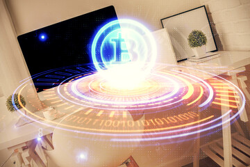 Double exposure of crypto technology theme drawing and office interior background. Concept of...