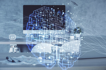 Multi exposure of brain drawing and office interior background. Concept of data technology.