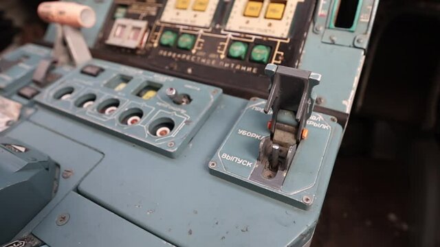 The central panel of the Russian strategic missile carrier Tu-160. Very close. Bomber cockpit. Museum exhibit. Full hd.120 fps