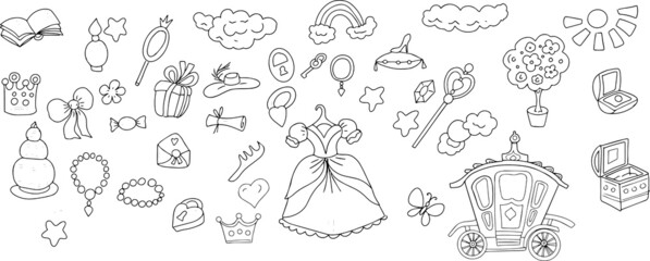 
Princess castle carriage decoration sweets jewels cute pictures for girls fairy tale story doodle sketch elements hand drawn vector illustration isolated on white background, coloring for children