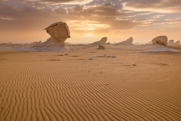Chalk rocks in the White Desert at sunset. Egypt, Baharia