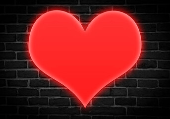 Icono de corazón rojo en neón sobre ladrillos.