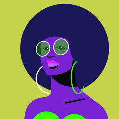 vector image of a beautiful black woman with a voluminous hairstyle, in bright sunglasses, beautiful lips and eyes in trendy colors. useful for print, posters, advertising, hairdressing, beauty salons