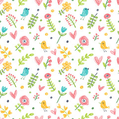 Seamless vector background with birds and flowers. Children style.