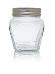 Empty glass jar, closed with a metal lid. On a white background, close-up with reflection