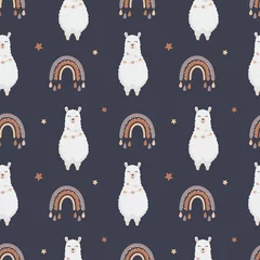 Kussens Naadloos vectorpatroon met lama (alpaca), sterren en regenbogen. Baby achtergrond voor inpakpapier, wenskaarten, design. © Alina
